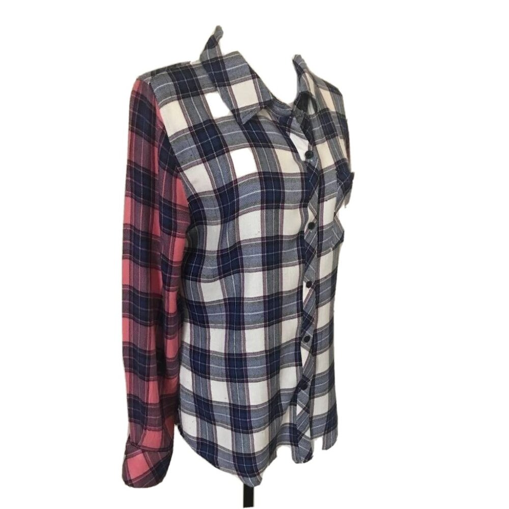 RAILS Long Sleeve Shirt Womens Size Medium Blue Plaid Pink Sleeves Solf Flannel - Picture 3 of 8